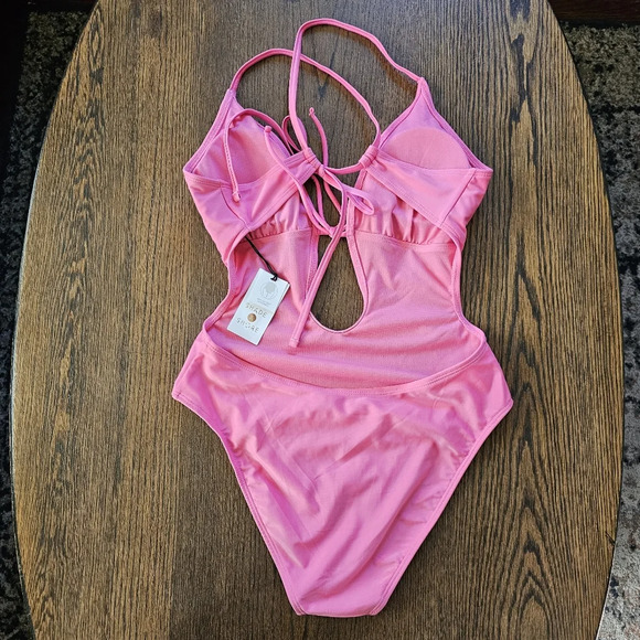 Shade & Shore Pink Tie-Front Plunge One Piece Swimsuit Size Women Small 4-6 NEW - Picture 7 of 11